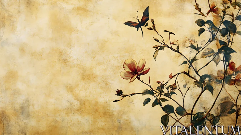 Delicate butterfly hovers above floral vines on aged gold wall