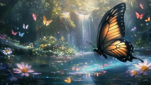 Majestic Butterfly in Enchanted Forest by Waterfall, Fantasy Art.