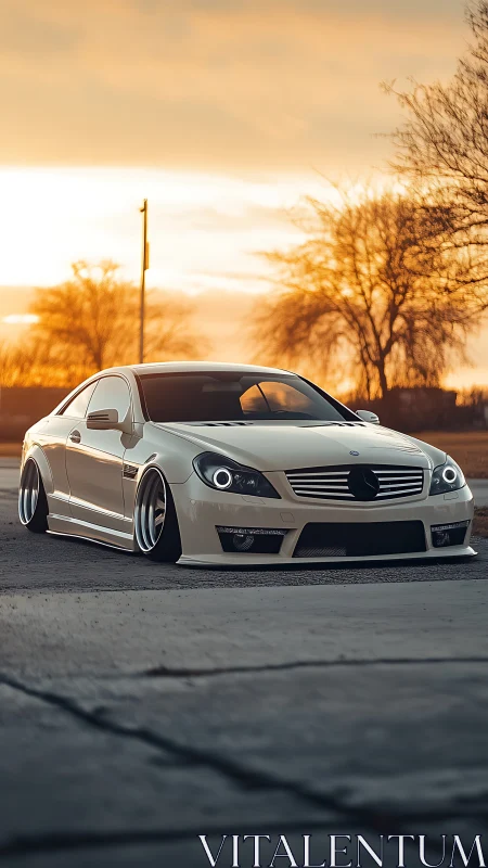 Sleek white coupe resting low under a gentle sunset sky.