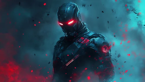 Armored futuristic soldier stands in red and cyan smoke