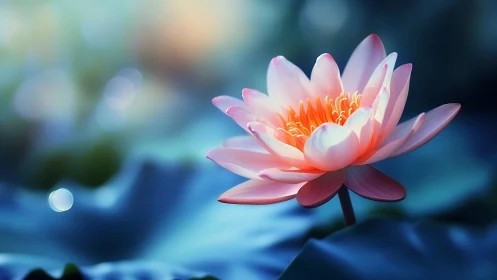 Luminescent Pink Water Lily with Gradient Orange Stamen in Bokeh Environment.