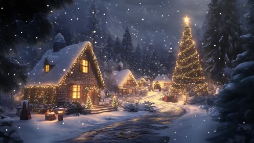 Snowy Christmas village glows with warm festive lights.