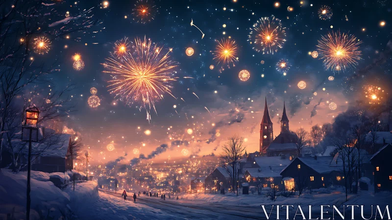 Firelit winter village sky blooming with festive fireworks.