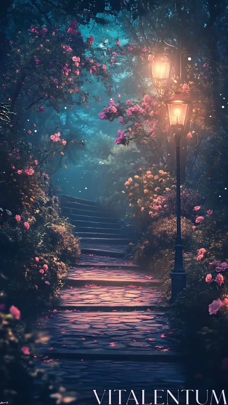 Enchanting garden steps glowing under gentle lamplight.