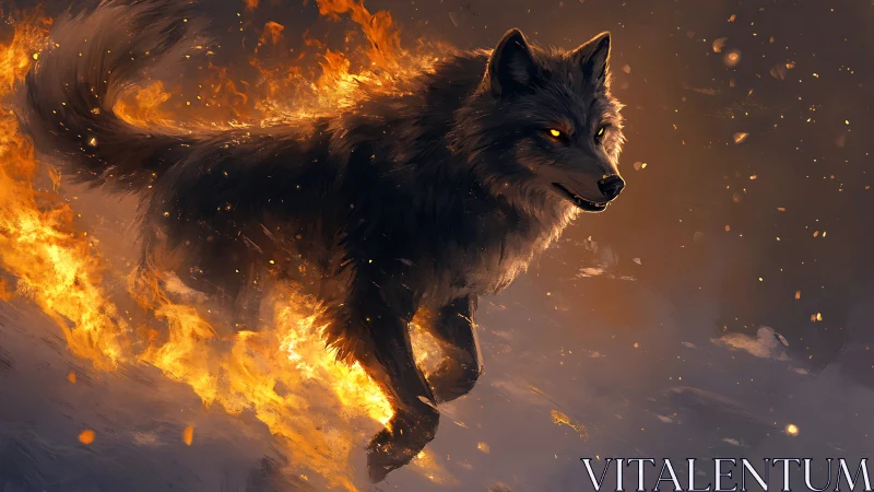 Fiery wolf strides through embers in dramatic twilight blaze.