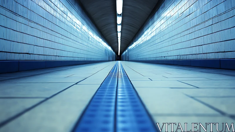 Low-angle view of tiled underground pedestrian tunnel.