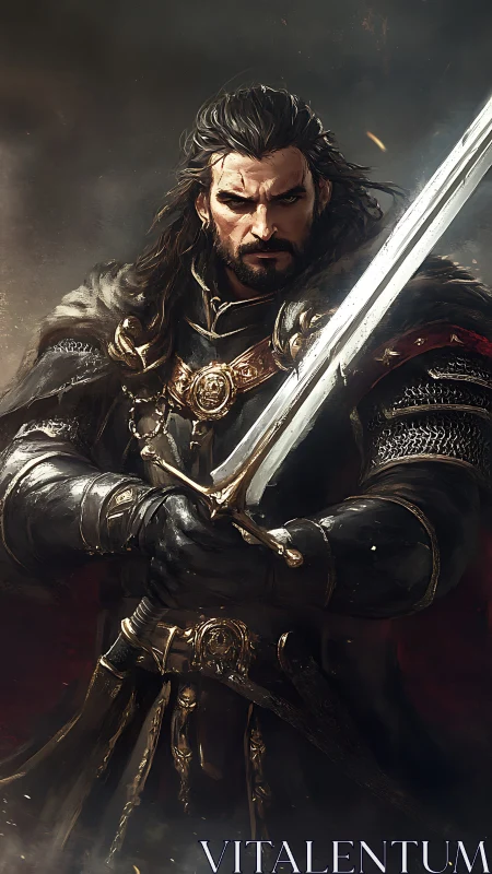 Bearded armored warrior grips longsword in dramatic pose