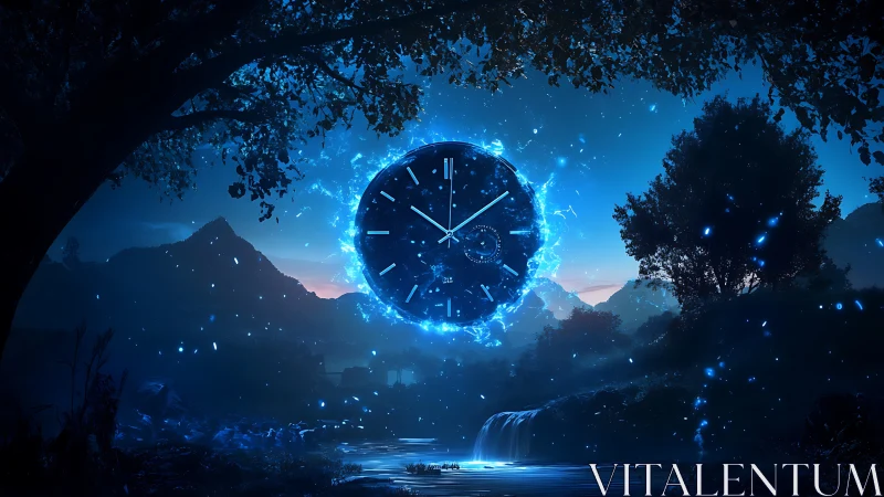 Luminous cosmic clock hovers over tranquil midnight river