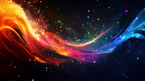 Flowing spectrum light trails over dark abstract space.