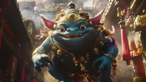 Armored blue monster strides through ornate fantasy city.