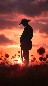 Silhouetted WWI soldier remembers the fallen at red sunset