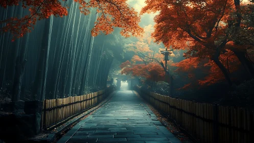 Digitally rendered pathway with volumetric atmospheric lighting and autumn foliage simulation