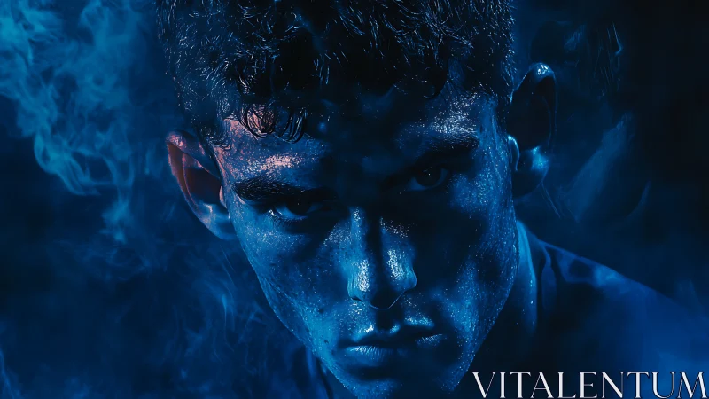 Close-up blue portrait of male face in dramatic low light.