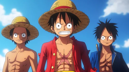 Straw-hatted trio storming the skylit seas of courage.