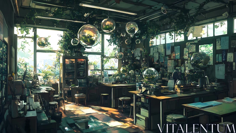 Sunlit botanical laboratory classroom with suspended terrariums