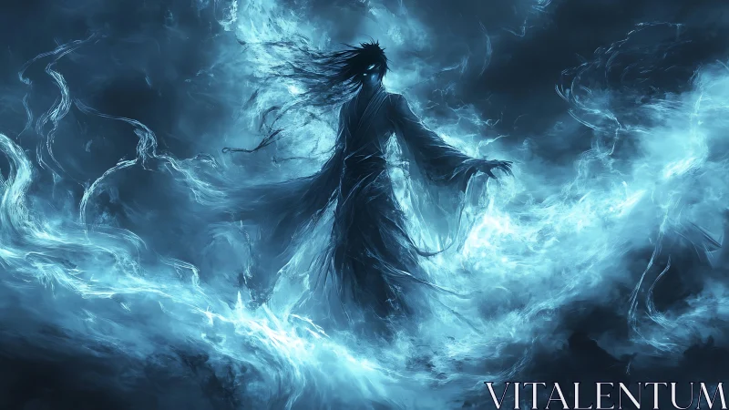 Spectral mage commands swirling blue ghostly storm.