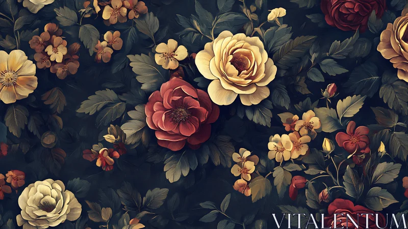 Dark background floral arrangement with layered roses
