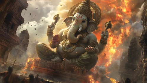 Elephant-headed deity statue amid burning temple complex.