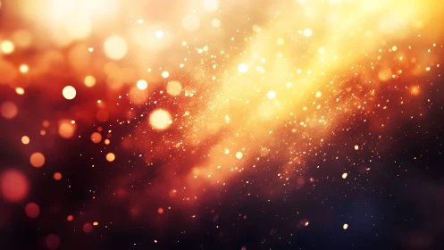 Golden bokeh particles drift through deep ember haze.
