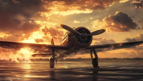 Sunlit vintage airplane waiting on a glowing runway.