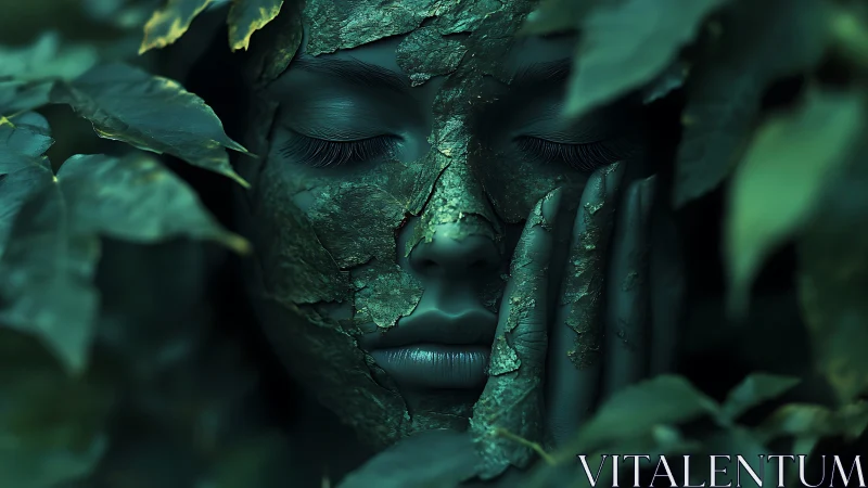 Leaf-covered serene face emerging from dense green foliage.