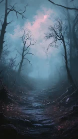 Fog-laden forest path recedes under spectral moonlight