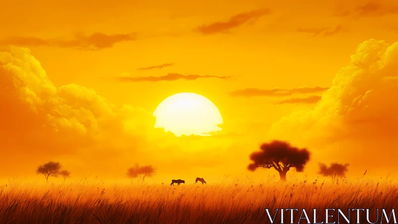Fiery savanna sunset over silhouetted acacia trees and rhinos.
