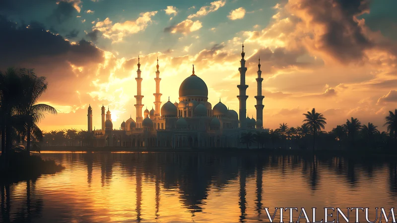 Sunlit mosque skyline mirrored on tranquil golden water.