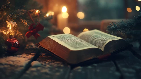Open book on snowy wooden table with seasonal decor.