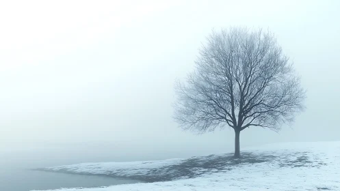 Solitary winter tree in serene blue mist landscape.