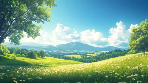 Sunlit green valley with wildflower meadow and distant hills.