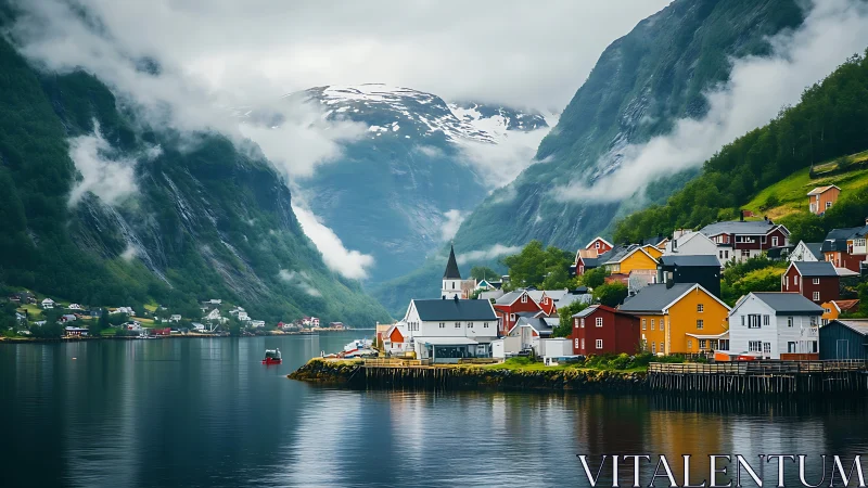 Colorful fjord village rests beneath misty Nordic peaks.