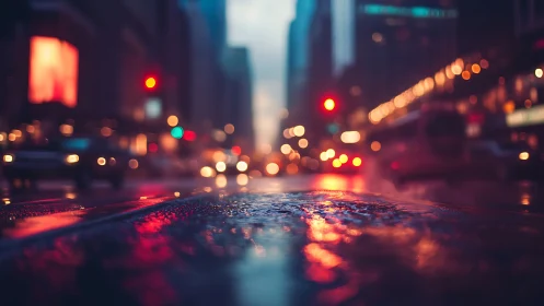 Rain-slicked city street turns traffic lights into liquid stars