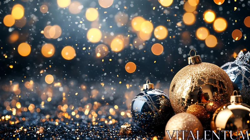 Glittering Christmas baubles glow in warm festive bokeh light