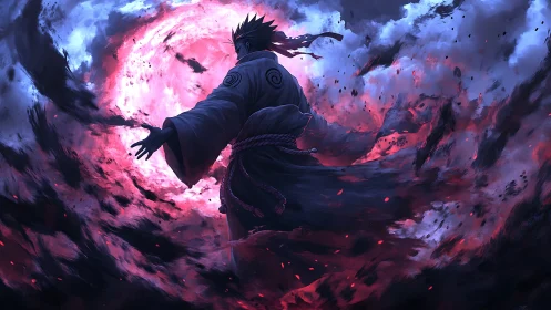 Dark robed warrior faces swirling red and blue vortex sky.