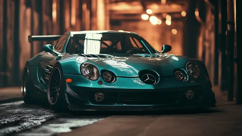 Teal Mercedes sports car glowing in a warm urban garage.