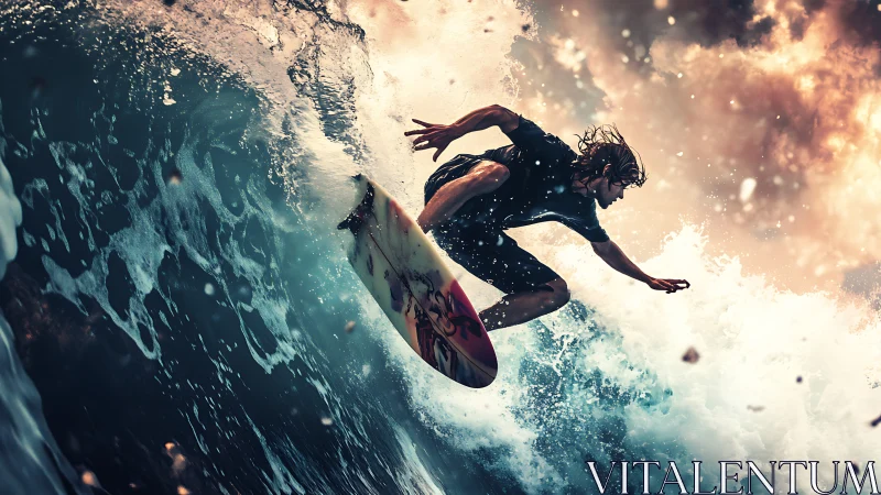 Surfer carves explosive barrel under storm-lit sky.