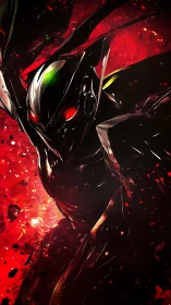 High-contrast armored mecha with reflective plating in explosive motion