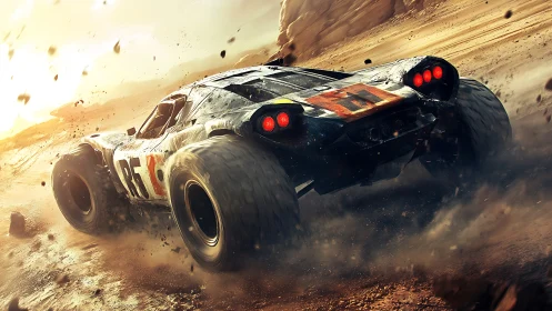 Sunlit desert rally car kicking up dust and wild energy.