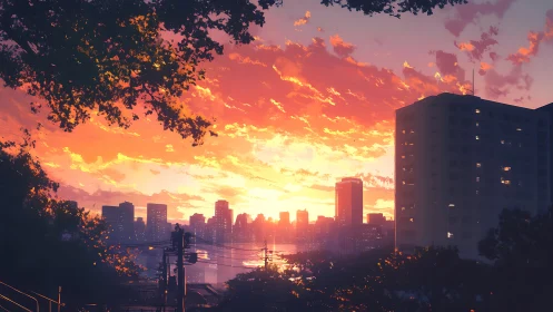 Urban skyline at sunset with silhouetted foliage framing.