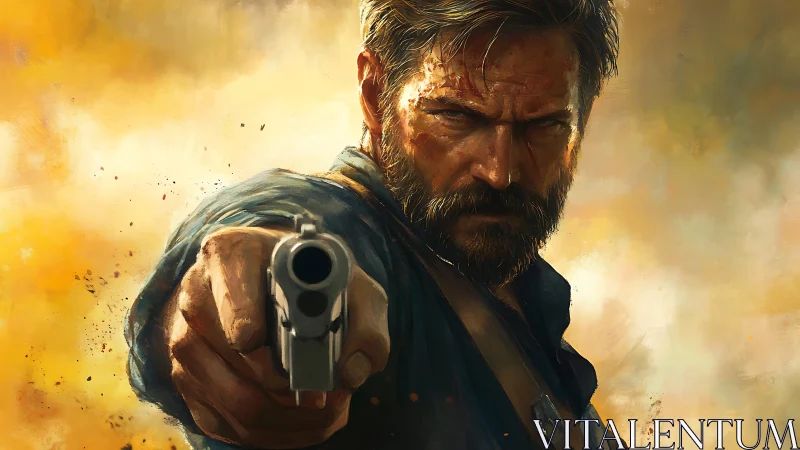 Bearded male figure aiming handgun in warm-toned setting.