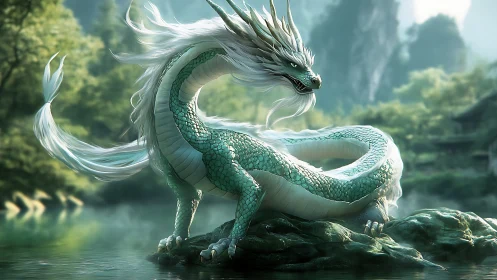Emerald river dragon coils on mossy rock in misty valley.