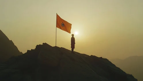 Silhouetted figure with Indian flag on rocky summit at sunrise