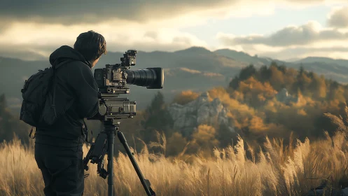 Landscape photographer captures misty autumn mountains at dusk.
