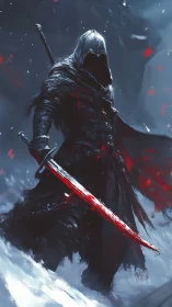 Hooded warrior with bloodied sword in snowy battlefield.