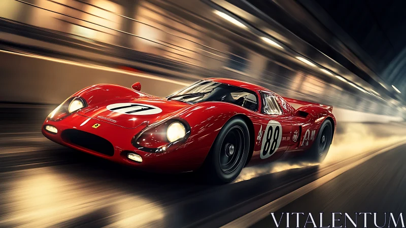 Red vintage race car powers through illuminated tunnel
