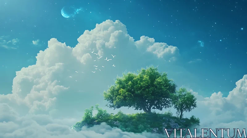 Floating cloud island supports luminous trees under deep starfield