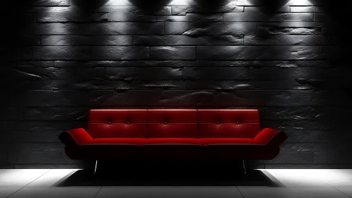 Red modern sofa under directional spotlights on slate wall