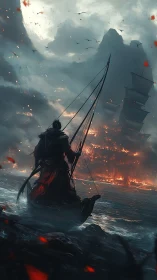 Lone dark sailor watches burning fortress under full moon.