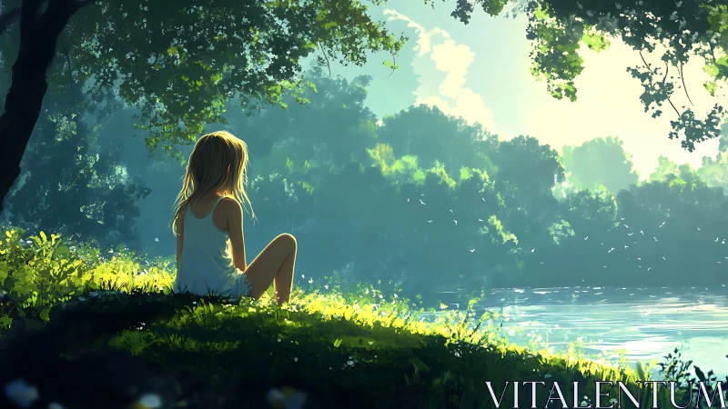 Sunlit riverbank cradles a girl lost in quiet summer thoughts